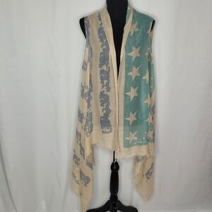Unique American Flag Pastel Blue & Green on Tan Shawl/Shrug/Vest - OS Fits Most